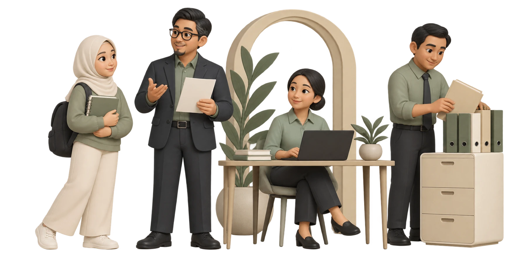 Mahasiswa, dosen, pengelola akademik dan keuangan dalam ilustrasi tiga dimensi aktivitas kampus.